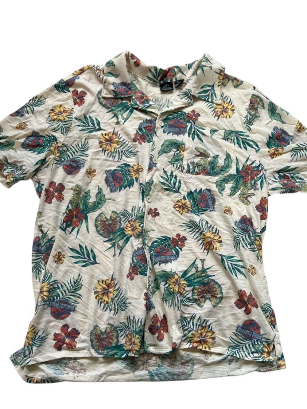 Jurassic Park hawaiian shirt mens XXL 2XL beige green floral dinosaur print